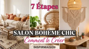 Aménagement salon bohème chic avec canapé, fauteuil en rotin et macramé mural.