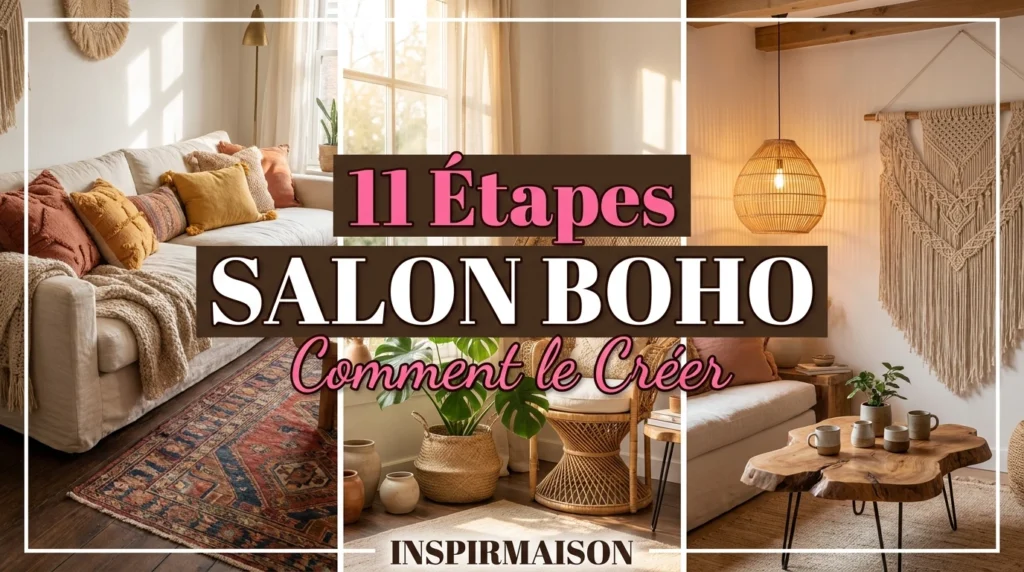 Salon bohème chic avec canapé beige, coussins colorés, plantes et macramé.