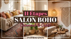 Salon bohème chic avec canapé beige, coussins colorés, plantes et macramé.