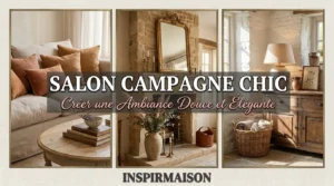 Salon campagne chic avec canapé, cheminée et mobilier rustique élégant.