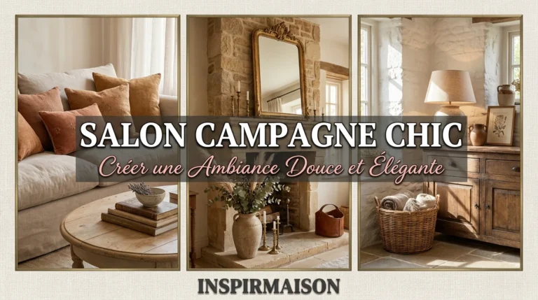 Salon campagne chic avec canapé, cheminée et mobilier rustique élégant.