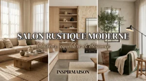 Salon rustique moderne avec canapé beige, table bois, mur pierre, plante.