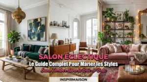 Montage de trois salons élégants illustrant le style éclectique et la décoration d'intérieur raffinée.