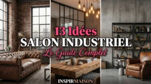 Ambiance salon industriel avec canapé en cuir marron et briques apparentes.