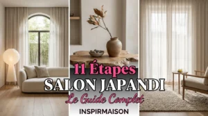 Salon Japandi moderne avec canapé beige, table basse bois brut, ambiance zen.