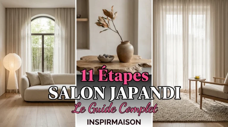 Salon Japandi moderne avec canapé beige, table basse bois brut, ambiance zen.
