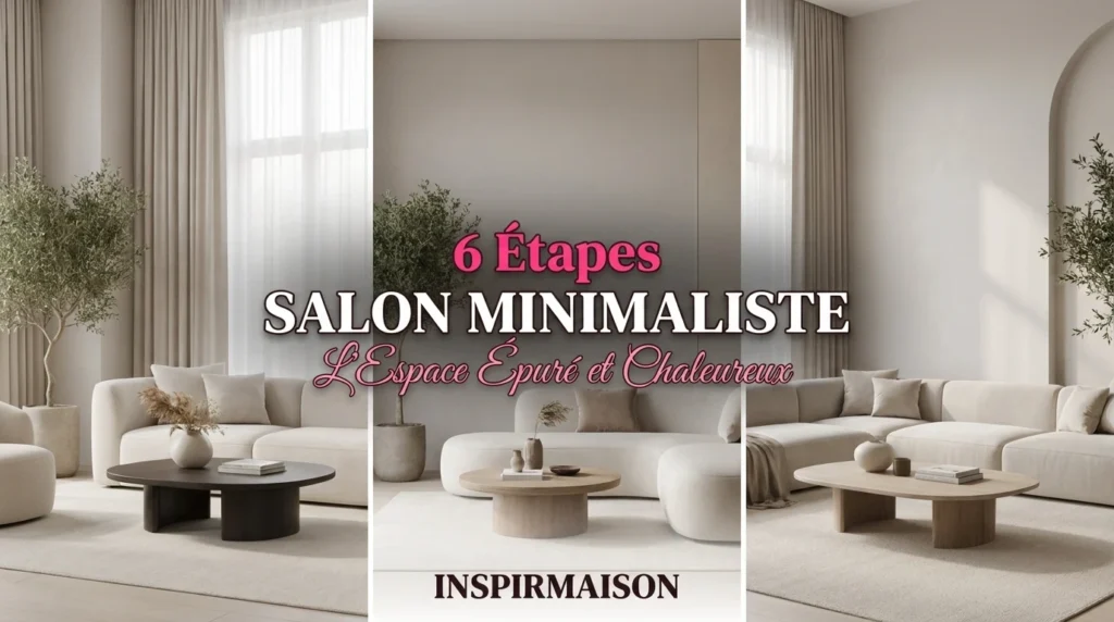 Trois vues de salons minimalistes modernes, épurés et chaleureux, avec canapés clairs.