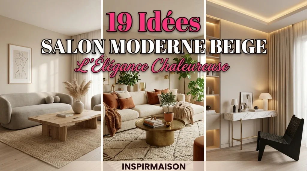 Collage de trois salons modernes aux tons beige avec mobilier élégant et décoration épurée.