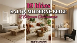 Collage de trois salons modernes aux tons beige avec mobilier élégant et décoration épurée.