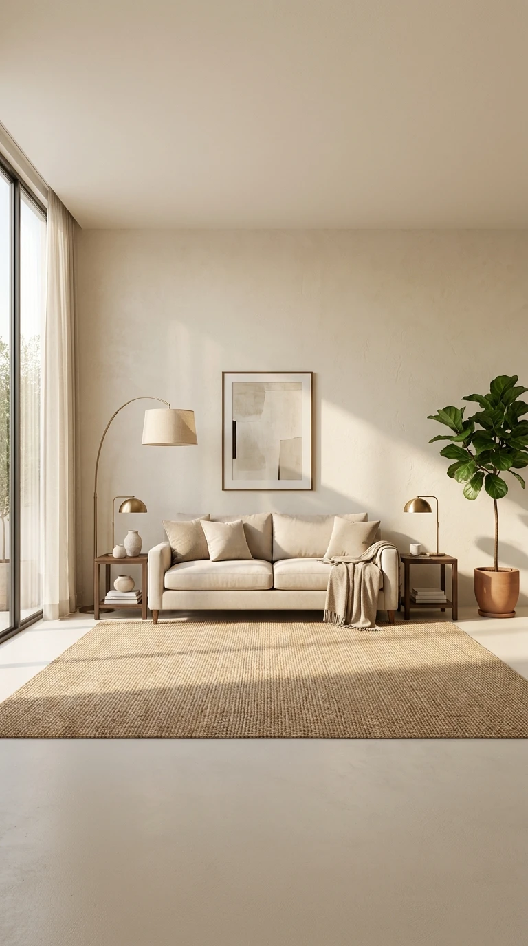 Salon moderne beige, canapé confortable, tapis jute, plante verte, lumière naturelle.