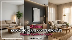 Collage de trois salons modernes avec canapés beiges, meubles en bois et décoration minimaliste élégante.