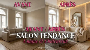 Comparaison avant/après d'un salon transformé en espace tendance et chaleureux.