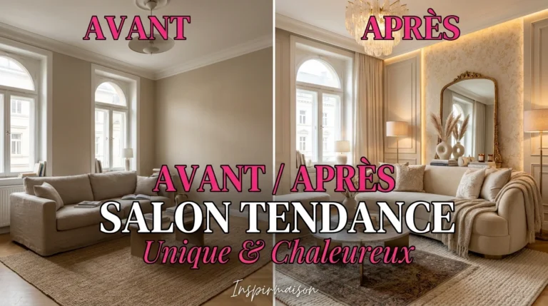 Comparaison avant/après d'un salon transformé en espace tendance et chaleureux.