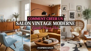 Trois ambiances de salon vintage moderne, avec meubles en bois, canapés et décoration murale.