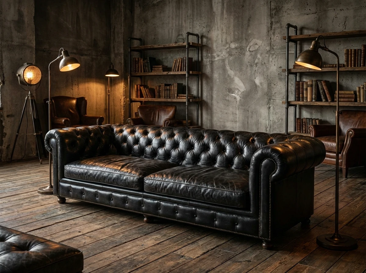 Un canapé Chesterfield en cuir noir