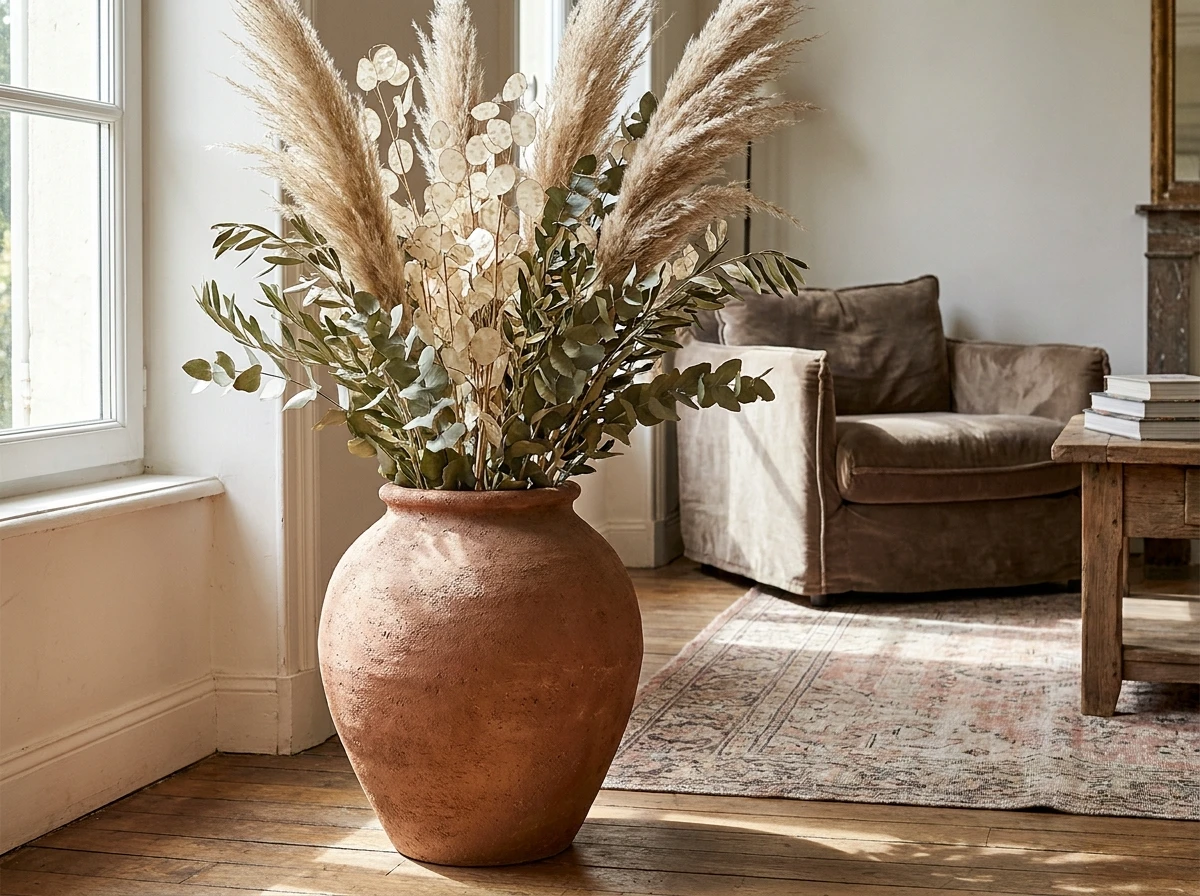 Un Grand Vase en Terre Cuite avec des Branches Séchées