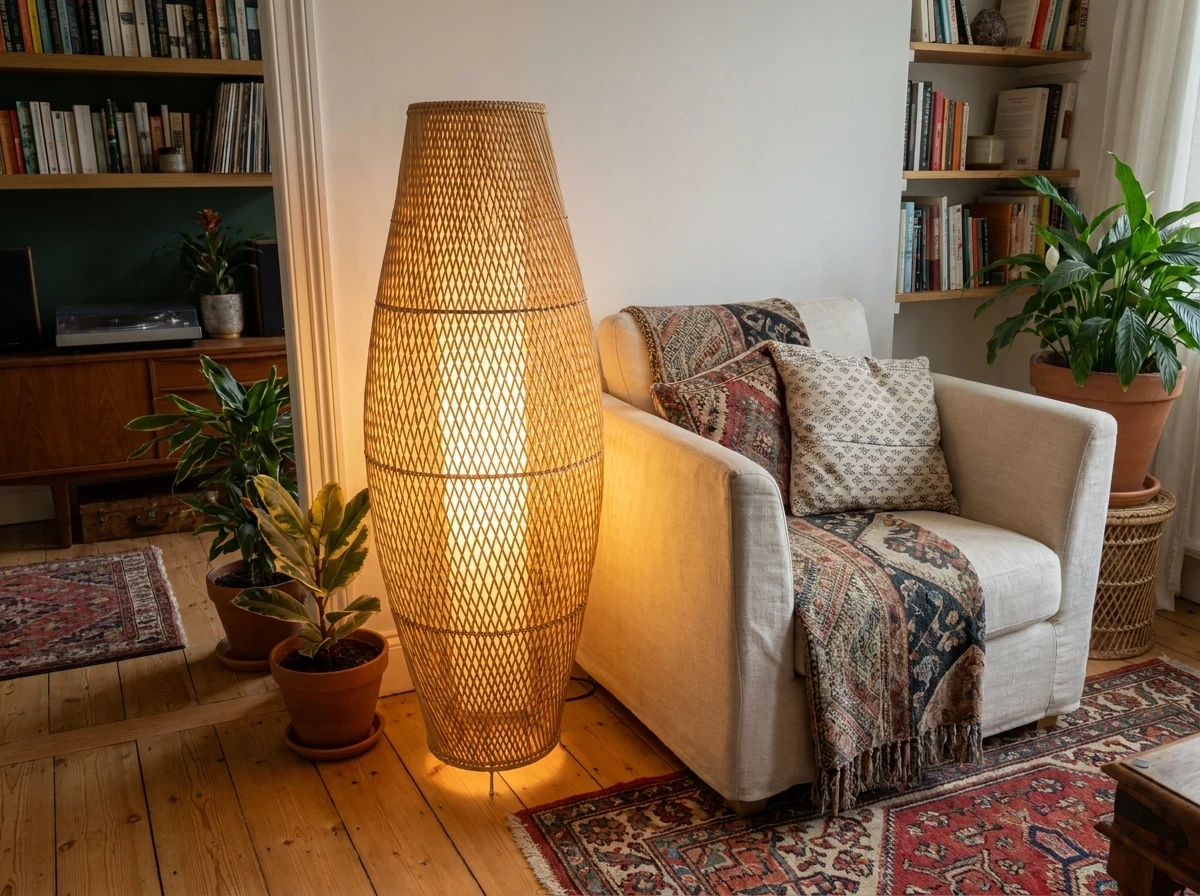 Une Lampe de Sol en Rotin ou Papier Japonais