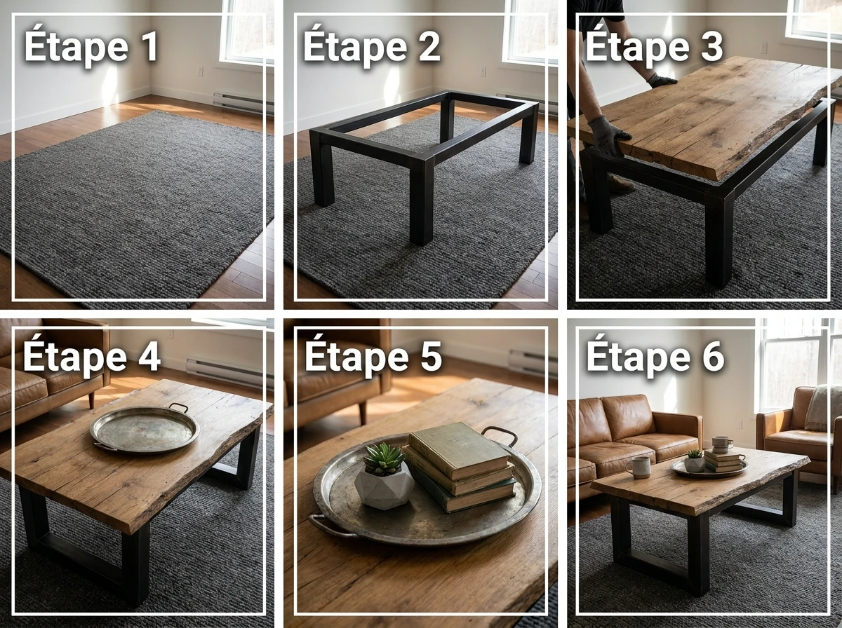 Une table basse avec plateau en bois brut et pieds en métal