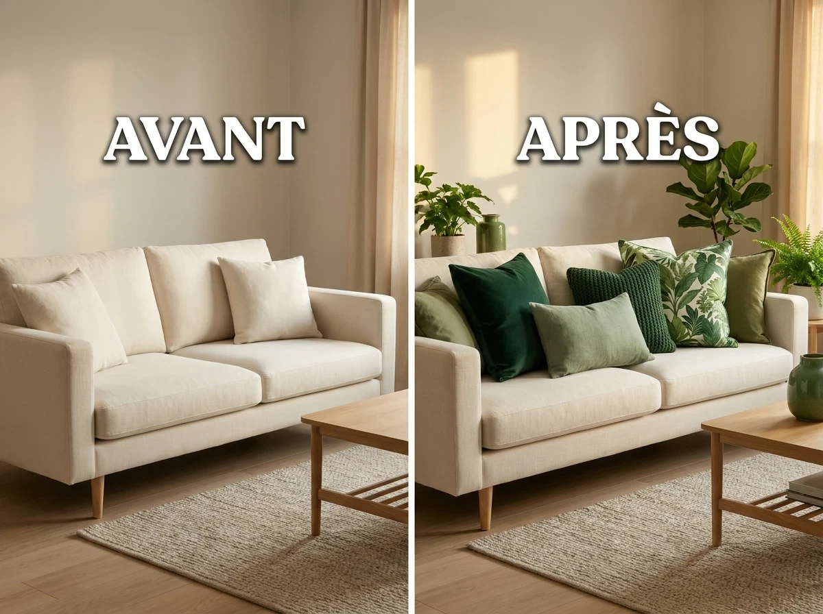 Utiliser des Coussins Verts pour Transformer un Canapé Neutre