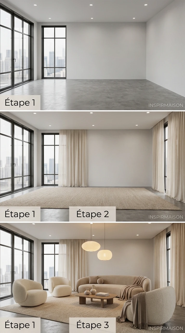 Adapter le salon cocooning beige à un appartement contemporain