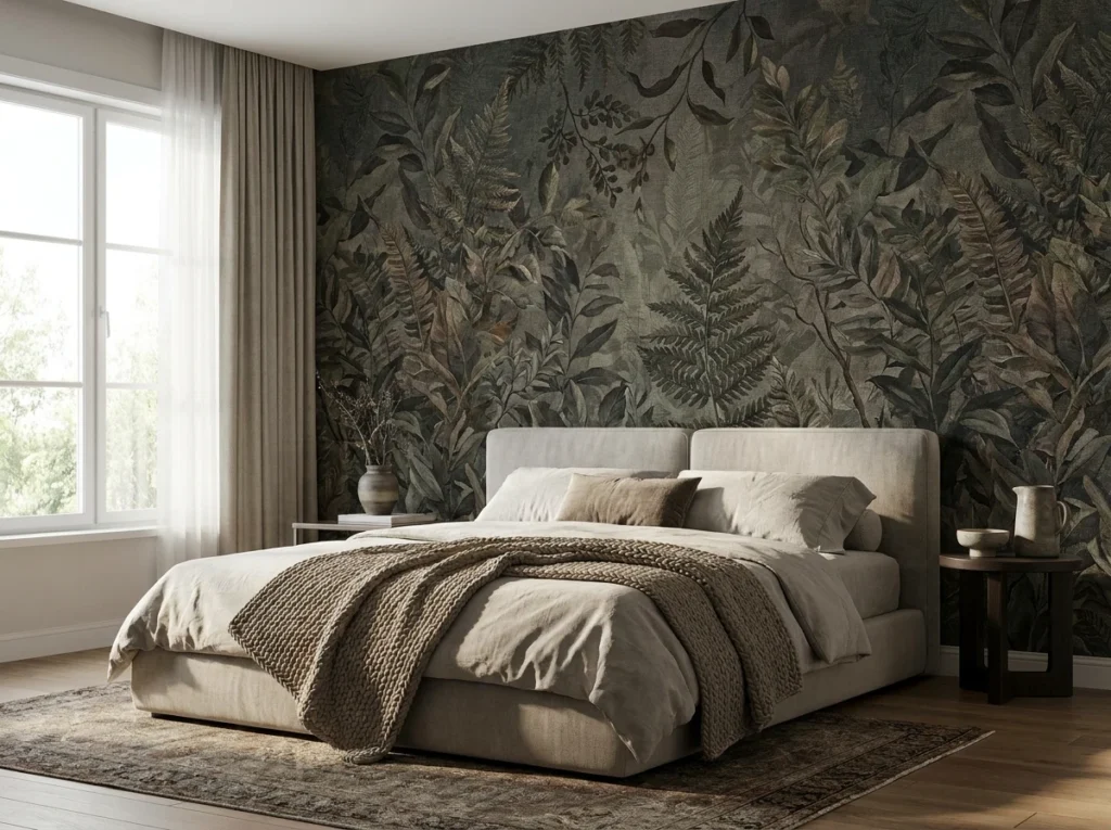 Chambre moderne avec lit rembourré beige, papier peint botanique foncé, et lumière naturelle.