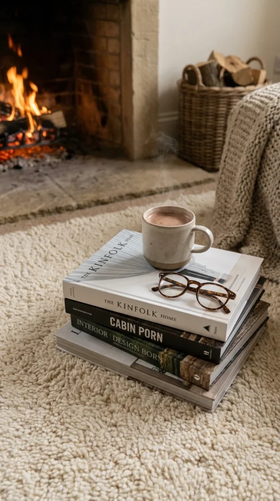 Cheminée allumée, pile de livres, tasse fumante, lunettes sur tapis moelleux.