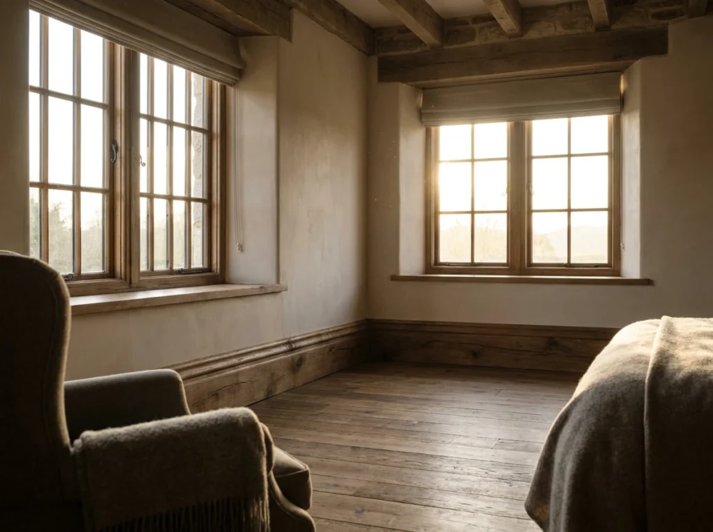 Chambre rustique lumineuse avec fenêtres en bois, fauteuil et parquet chaleureux.