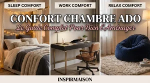 Chambre ado confortable avec lit douillet, bureau moderne et pouf détente pour chaque besoin.