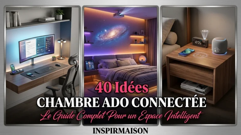 Chambre ado connectée avec bureau moderne, lit éclairé galaxie, table de chevet intelligente.