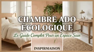 Chambre ado écologique avec lit en bois, plantes vertes et bureau rustique.