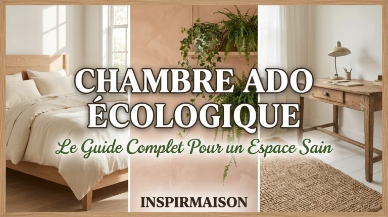 Chambre ado écologique avec lit en bois, plantes vertes et bureau rustique.
