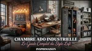 Chambre d'ado industrielle style loft avec lit, bureau et casiers métalliques.