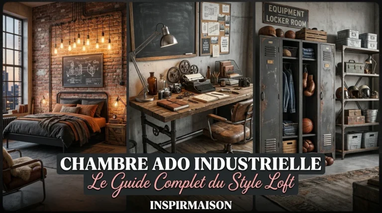Chambre d'ado industrielle style loft avec lit, bureau et casiers métalliques.