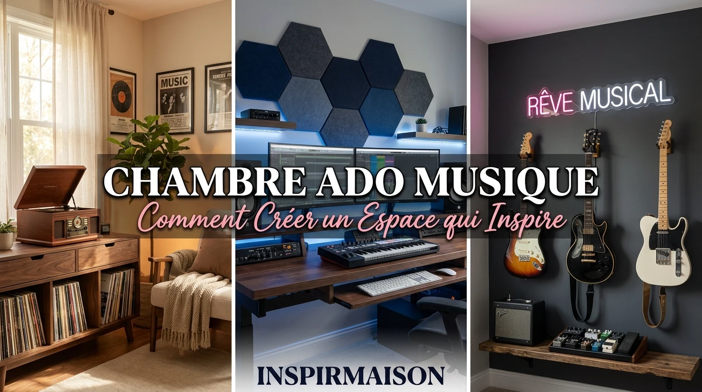 Trois styles de chambres ado musique : studio, vinyles, guitares, néon.
