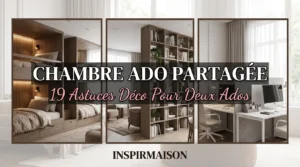 Chambre ado partagée moderne avec lits superposés, bureau double et bibliothèque intégrée.