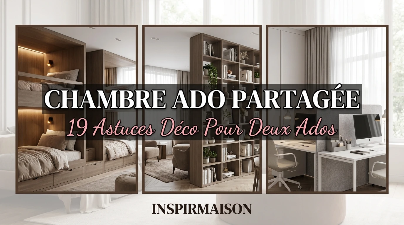 Chambre ado partagée moderne avec lits superposés, bureau double et bibliothèque intégrée.