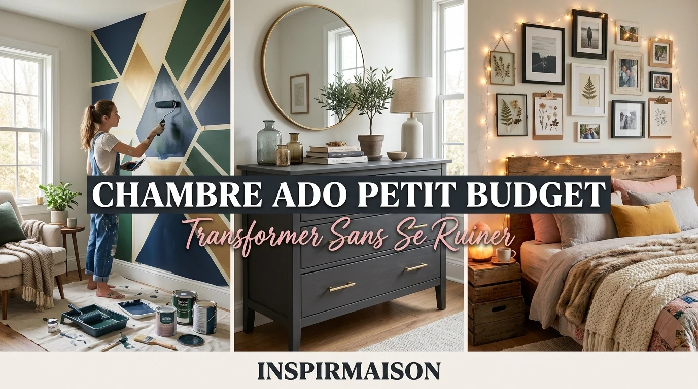 Jeune femme peignant un mur géométrique, commode décorée, lit cosy avec guirlande lumineuse.