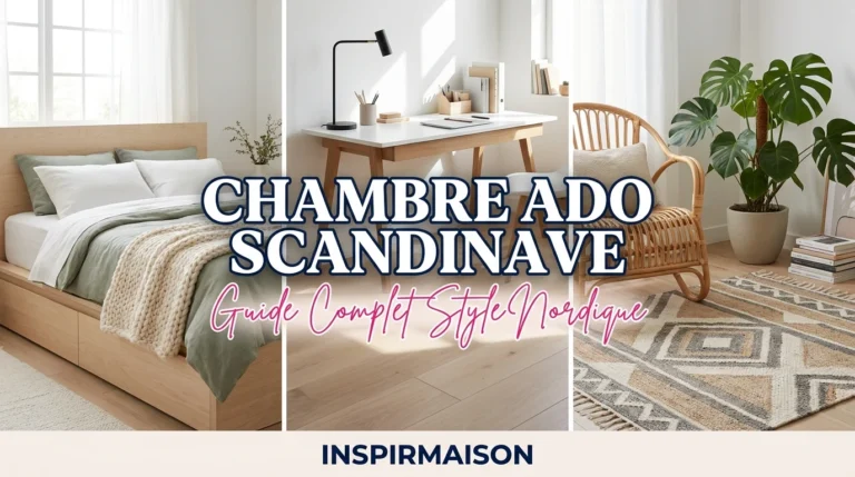 Chambre ado scandinave lumineuse avec lit en bois, bureau et fauteuil en rotin.