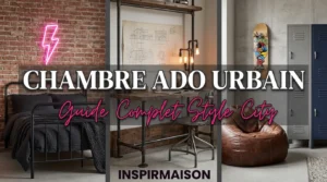Chambre ado urbaine avec lit industriel, bureau, casiers métalliques et néon.