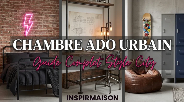 Chambre ado urbaine avec lit industriel, bureau, casiers métalliques et néon.