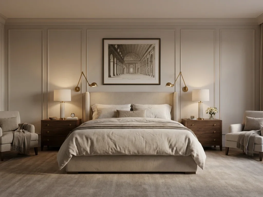 Chambre luxueuse aux tons neutres, lit confortable, mobilier élégant, éclairage doux et chaleureux.