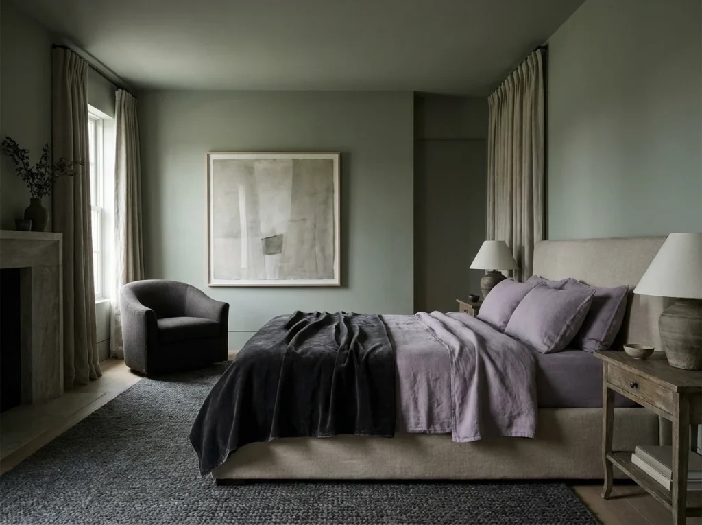 Chambre moderne vert sauge avec lit violet, jeté gris, fauteuil confortable.