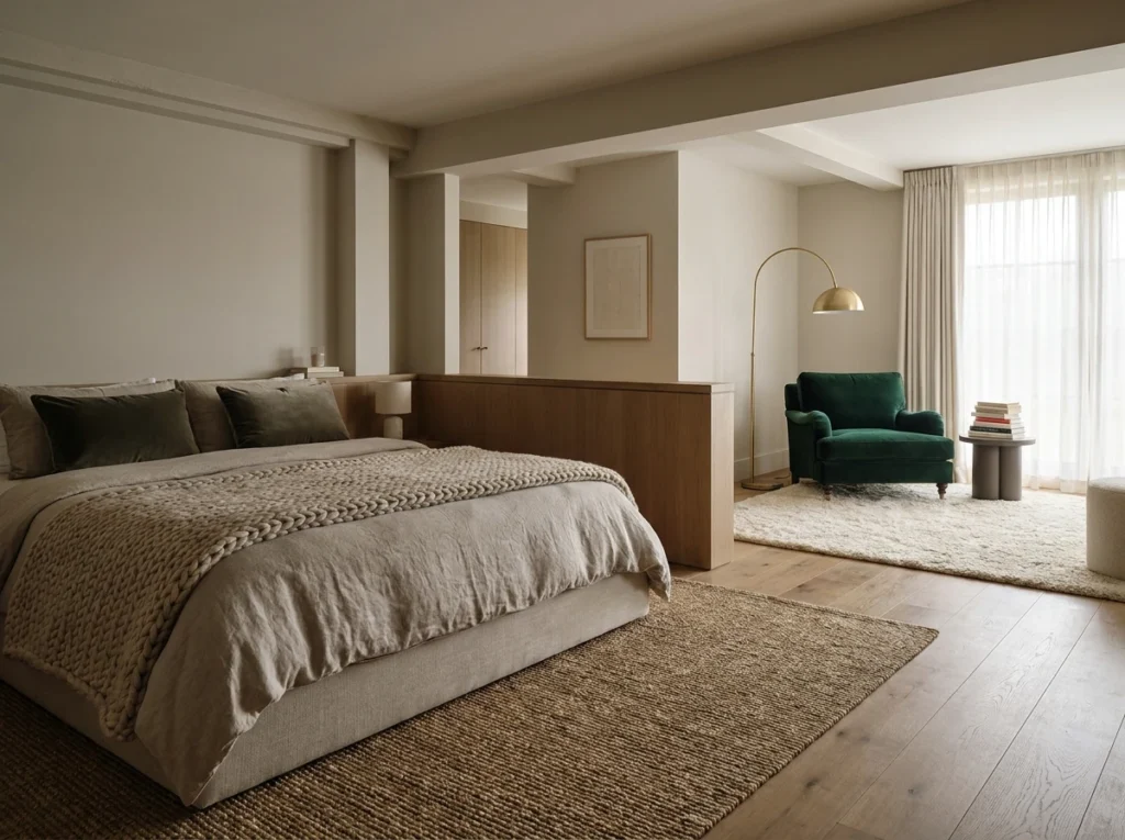Chambre moderne beige, lit confortable, fauteuil vert émeraude, tapis naturel, ambiance sereine.