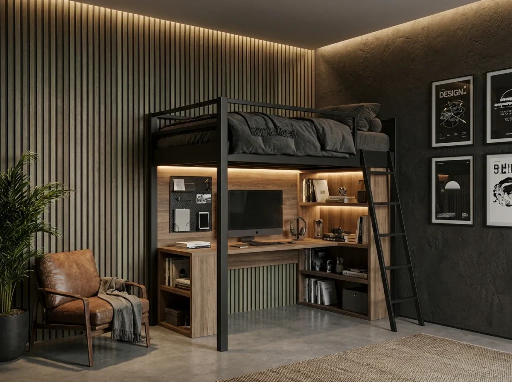 Lit mezzanine noir avec bureau intégré, fauteuil cuir, murs à lattes bois.