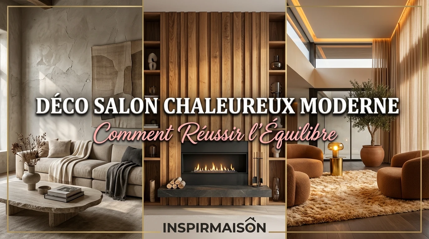 Trois salons modernes chaleureux : canapé, cheminée, fauteuils, textures naturelles.