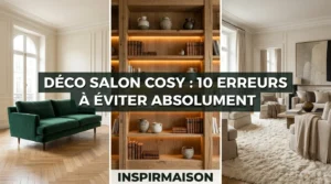 Trois salons cosy, canapé vert, bibliothèque bois, erreurs déco à éviter.