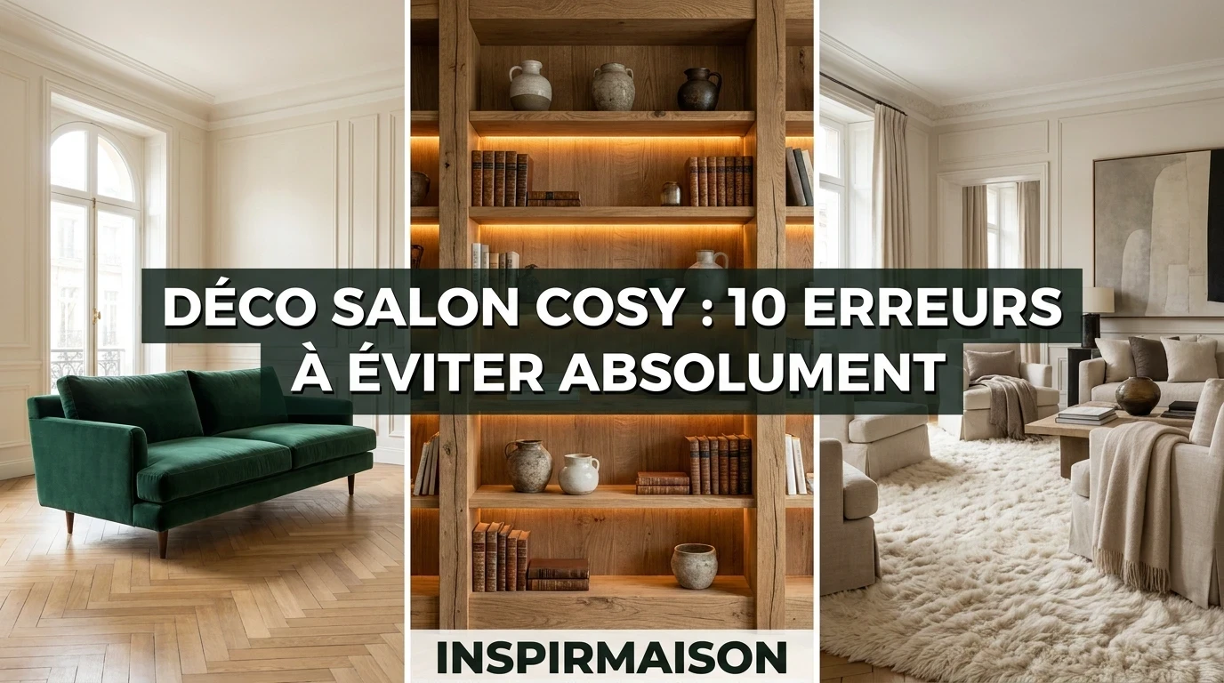 Trois salons cosy, canapé vert, bibliothèque bois, erreurs déco à éviter.