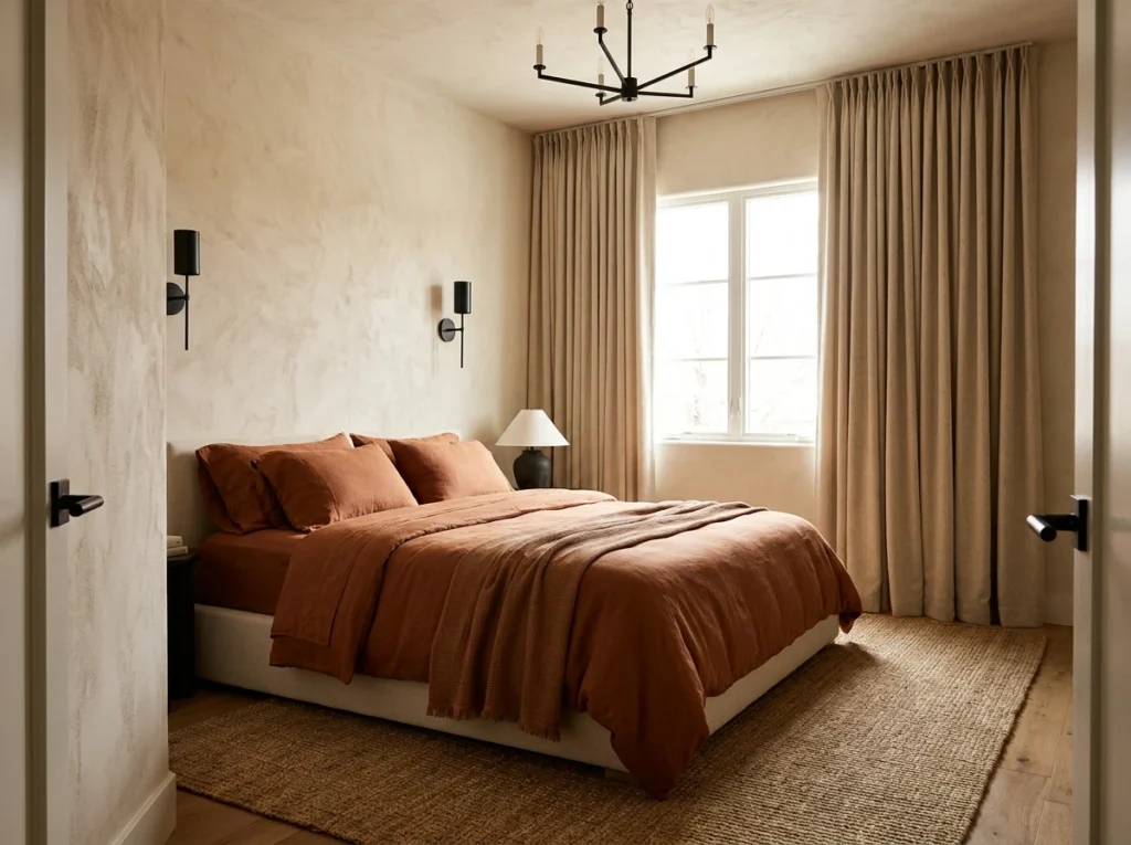 Chambre moderne aux tons terreux, lit terracotta, murs texturés, luminaires noirs.