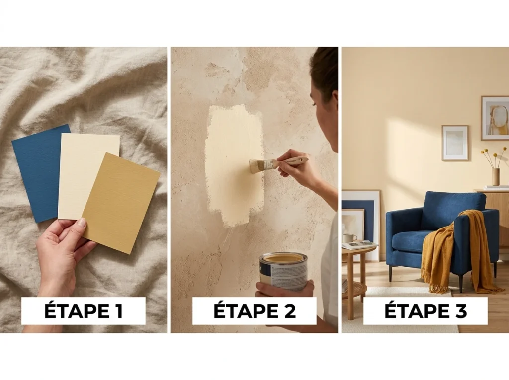Processus de décoration murale en trois étapes: choix couleurs, peinture, pièce finie.