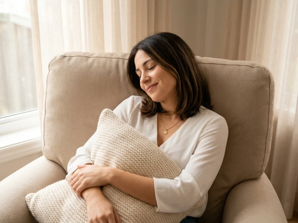 Femme souriante se détendant dans un fauteuil, serrant un coussin tricoté.